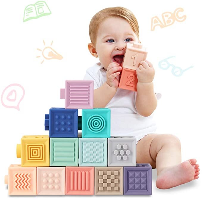 TUMAMA Blocs de bébé Souples Jouets pour de Dentition Jouet éducatif Squeeze Jouer avec des nombres Formes danimaux Textures 6 Mois et Plus 12 pcs 