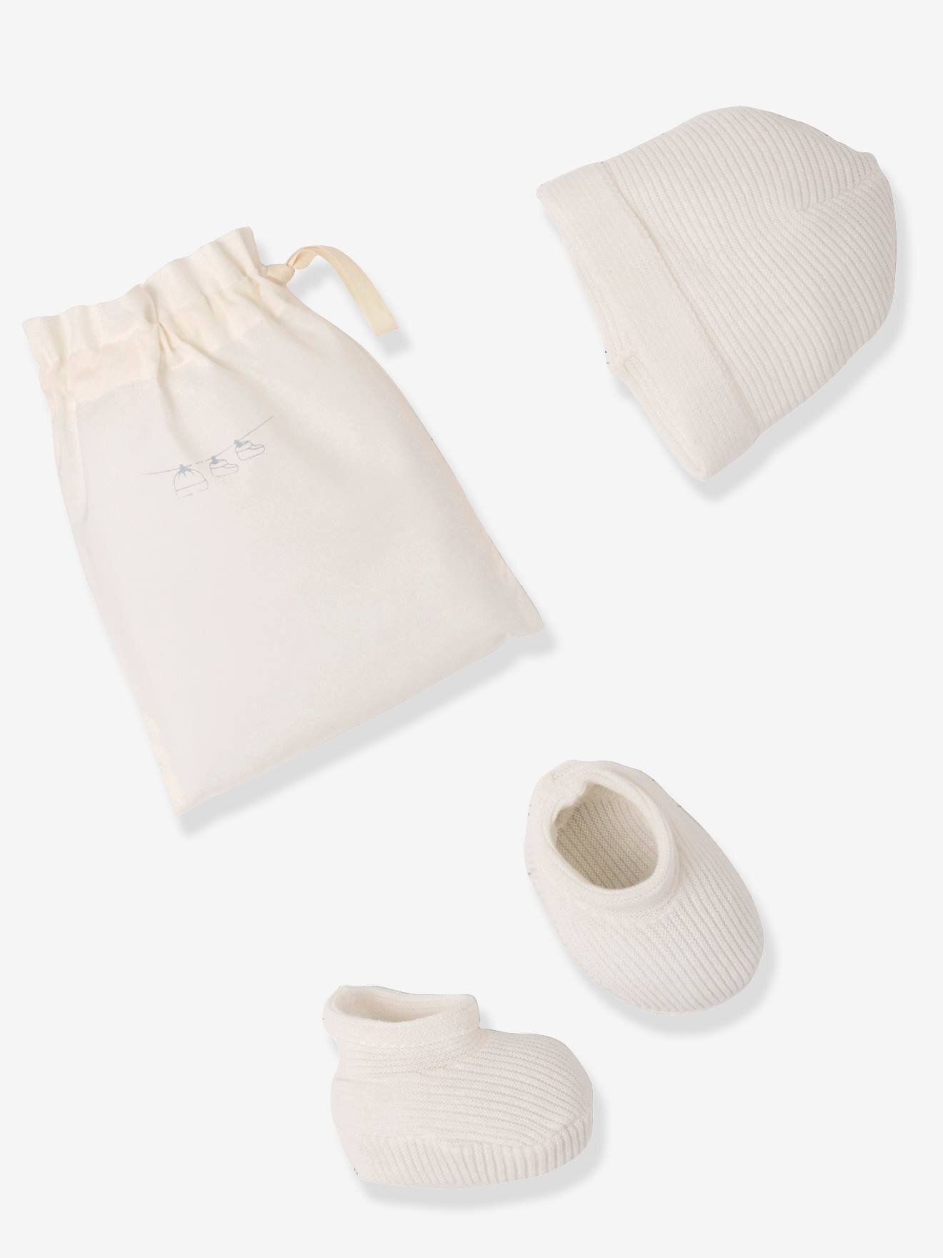 Reservez Le Cadeau Ensemble Bebe Naissance Chaussons Et Bonnet Tricot Bio Ecru Kadolog