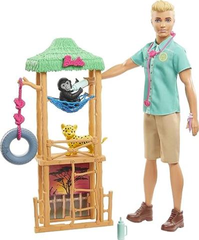 Barbie Métiers coffret poupée Ken Vétérinaire pour animaux sauvages, 2  figurines bébé guépard, petit singe et accessoires, jouet pour enfant,  GJM33 : .fr: Jeux et Jouets