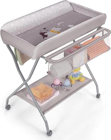 Table à Langer Pliable Avec Roulettes Et Paniers - Réglable 82-87cm - Gris
