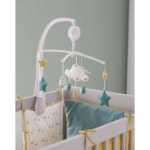 Mobile musical pour bébé en coton blanc, bleu et jaune moutarde Gaston